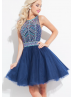 Tulle Beaded Halter Sexy Back Knee Length Prom Dress 